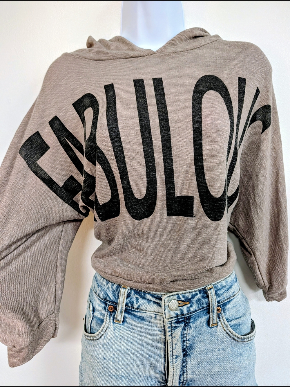 Mango Taupe Hooded Pullover with Black 'Fabulous' Graphic
